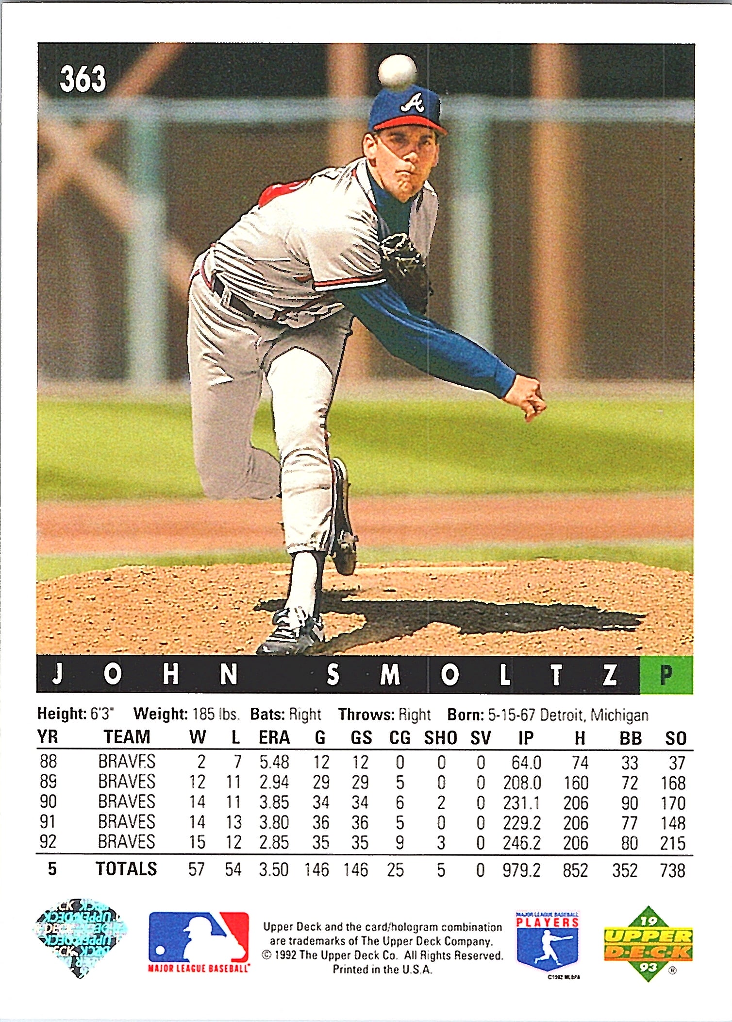 1993 Upper Deck John Smoltz #363 Atlanta Braves Excellent