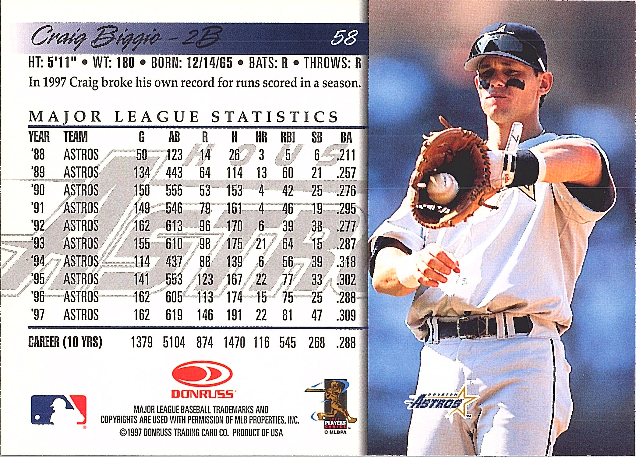 1998 Donruss Craig Biggio #58 Houston Astros Excellent