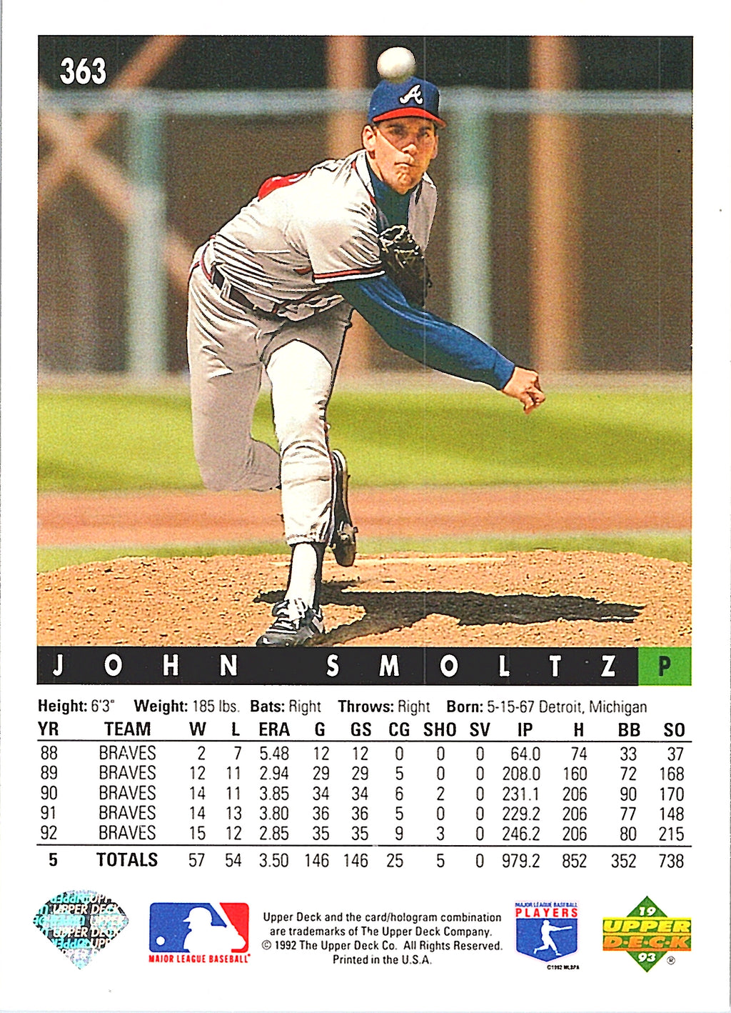 1993 Upper Deck John Smoltz #363 Atlanta Braves Excellent