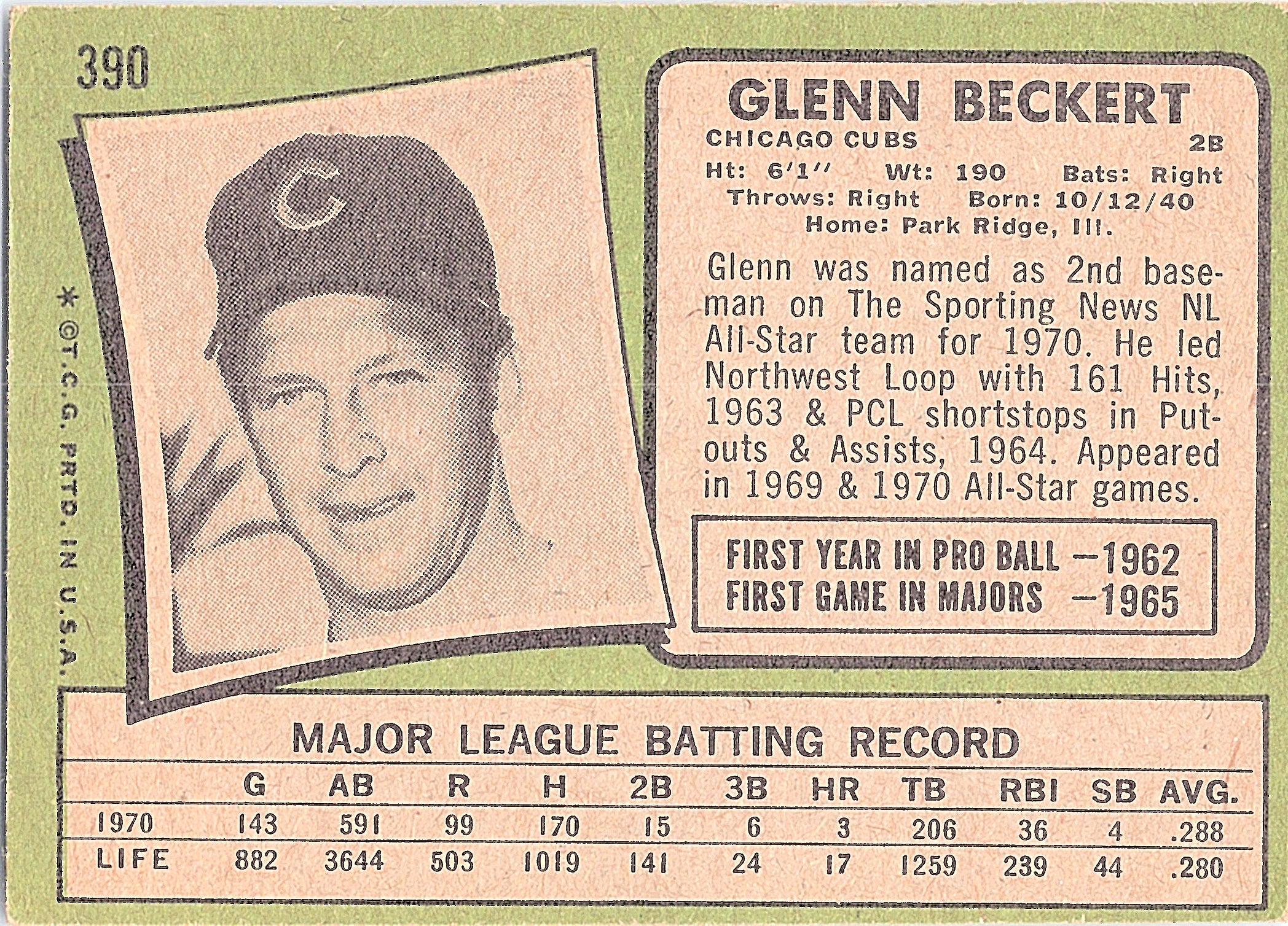 1971 Topps Glenn Beckert #390 Chicago Cubs Excellent