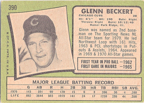 1971 Topps Glenn Beckert #390 Chicago Cubs Excellent