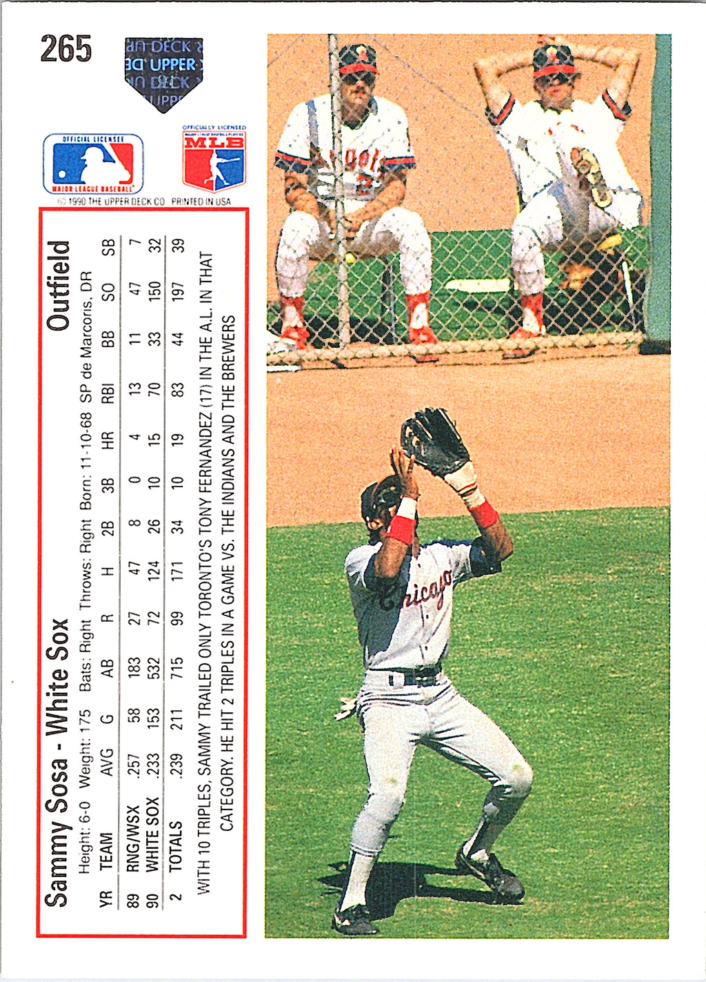 1991 Upper Deck Sammy Sosa #265b Chicago White Sox Excellent