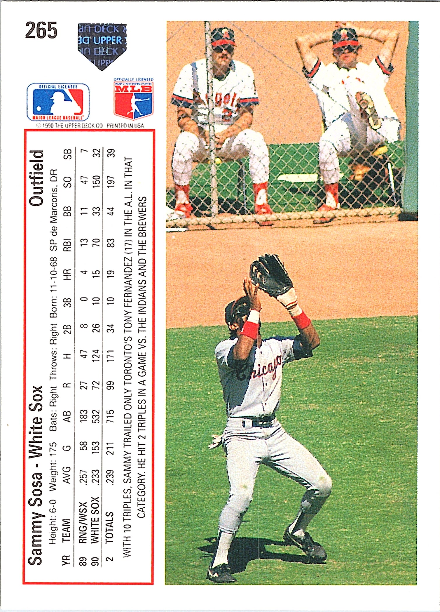 1991 Upper Deck Sammy Sosa #265b Chicago White Sox Excellent