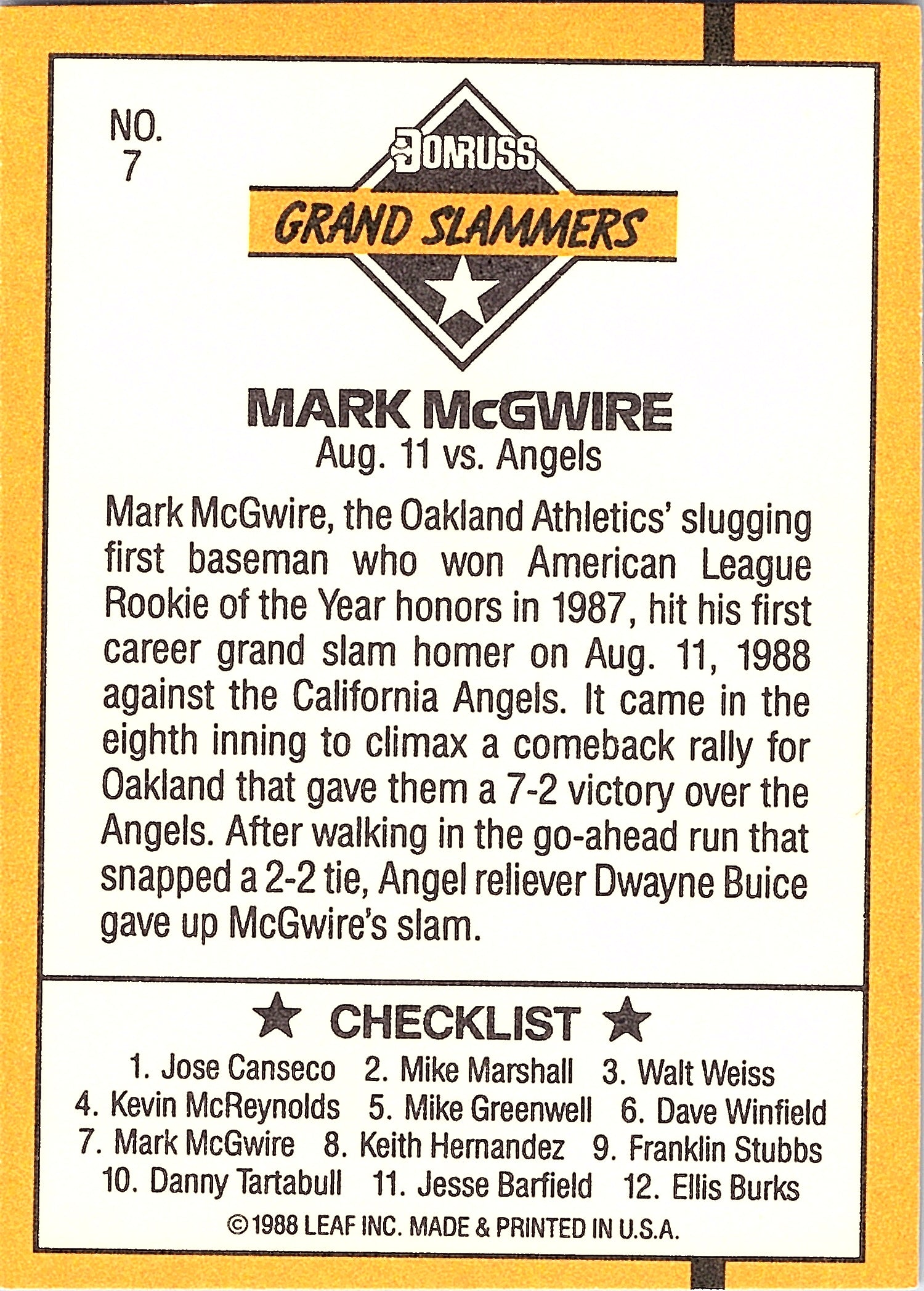1989 Donruss Mark McGwire #7 Grand Slammers Oakland Athletics Excellent