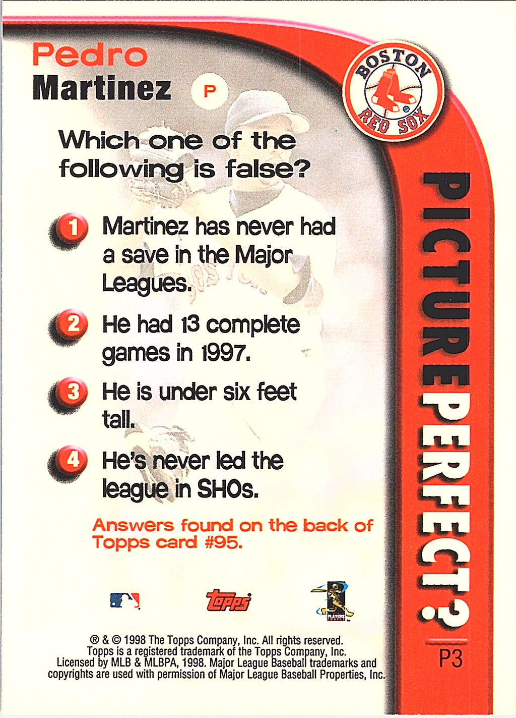 1999 Topps Pedro Martinez #P3 Picture Perfect Boston Red Sox Excellent