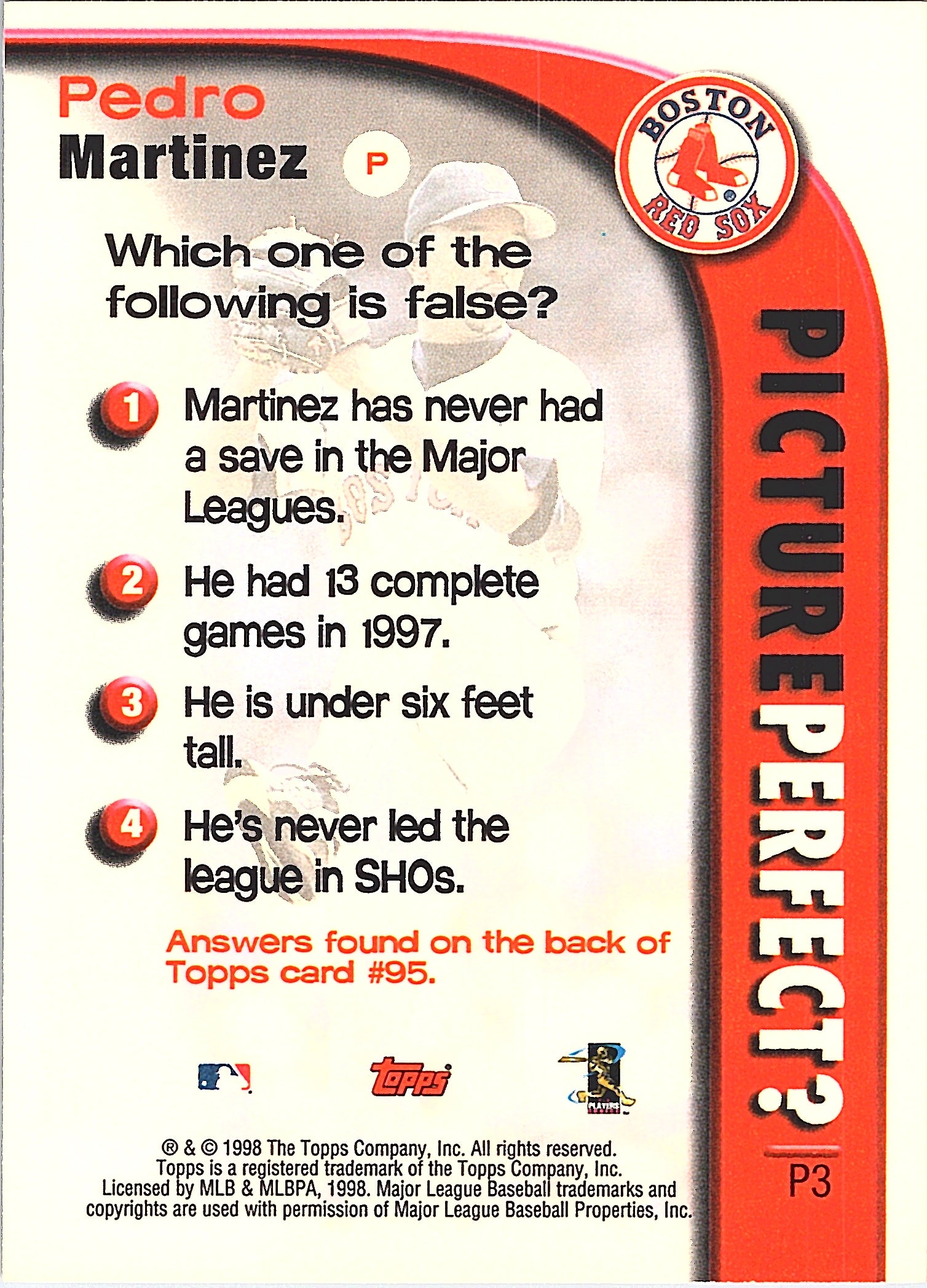 1999 Topps Pedro Martinez #P3 Picture Perfect Boston Red Sox Excellent