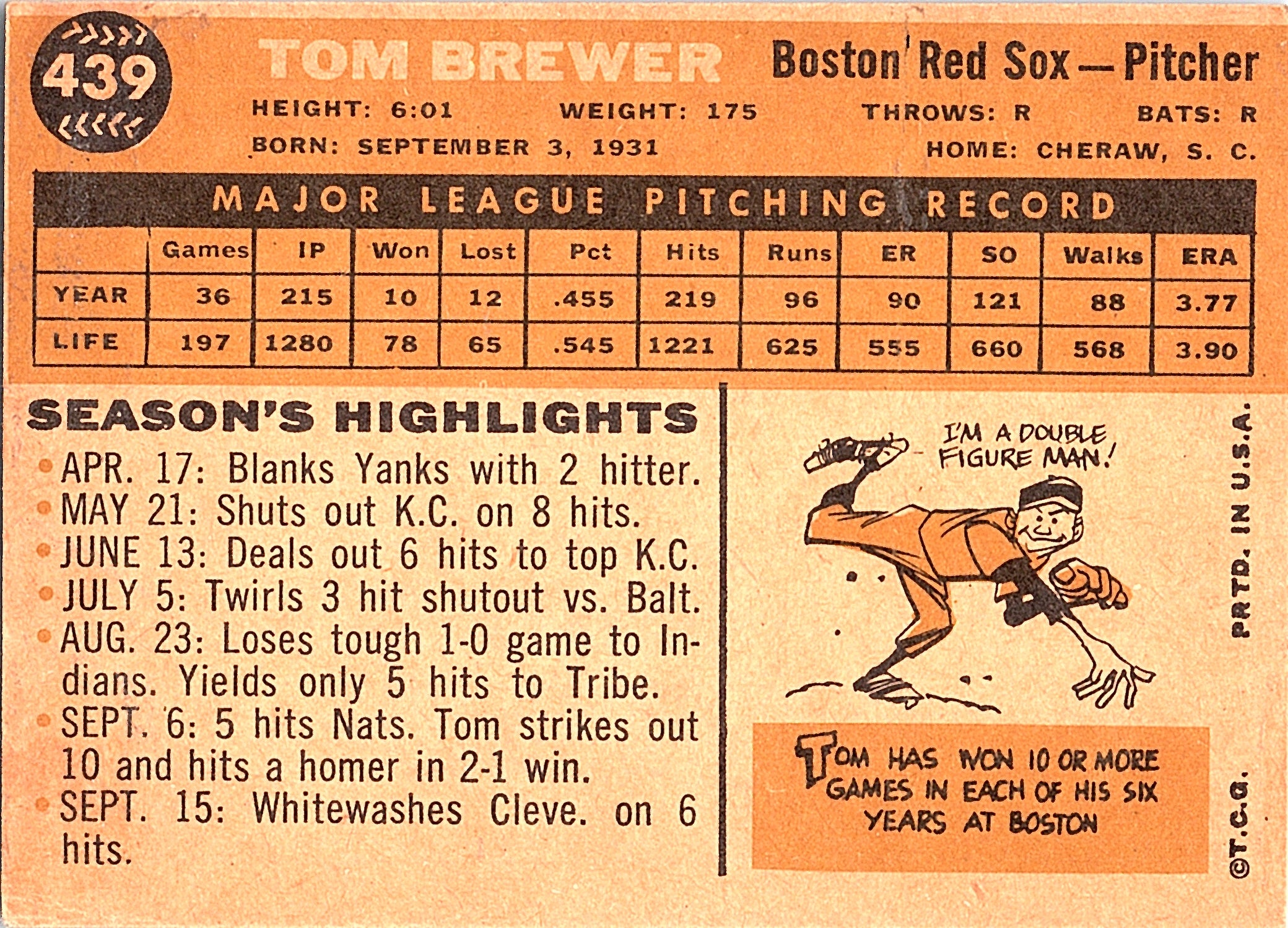 1960 Topps Tom Brewer #439a Boston Red Sox Excellent