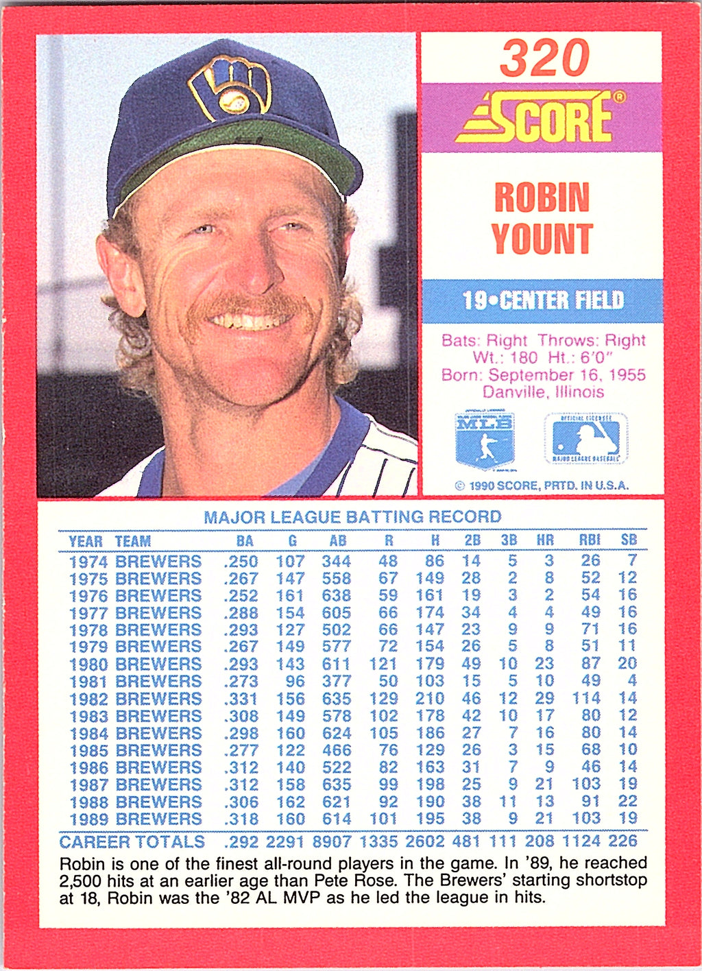 1990 Score Robin Yount #320 Milwaukee Brewers Excellent