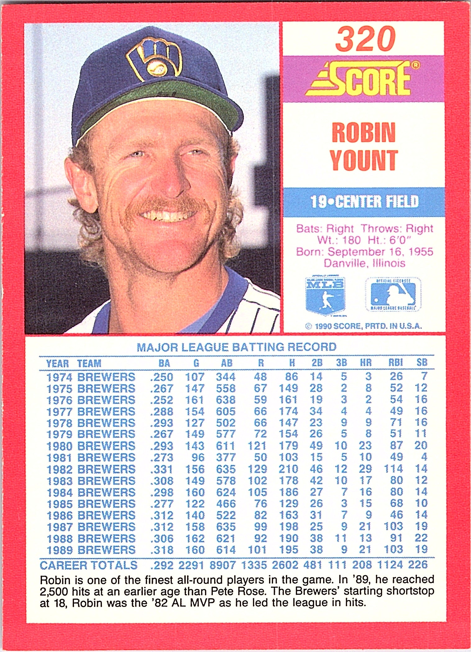 1990 Score Robin Yount #320 Milwaukee Brewers Excellent