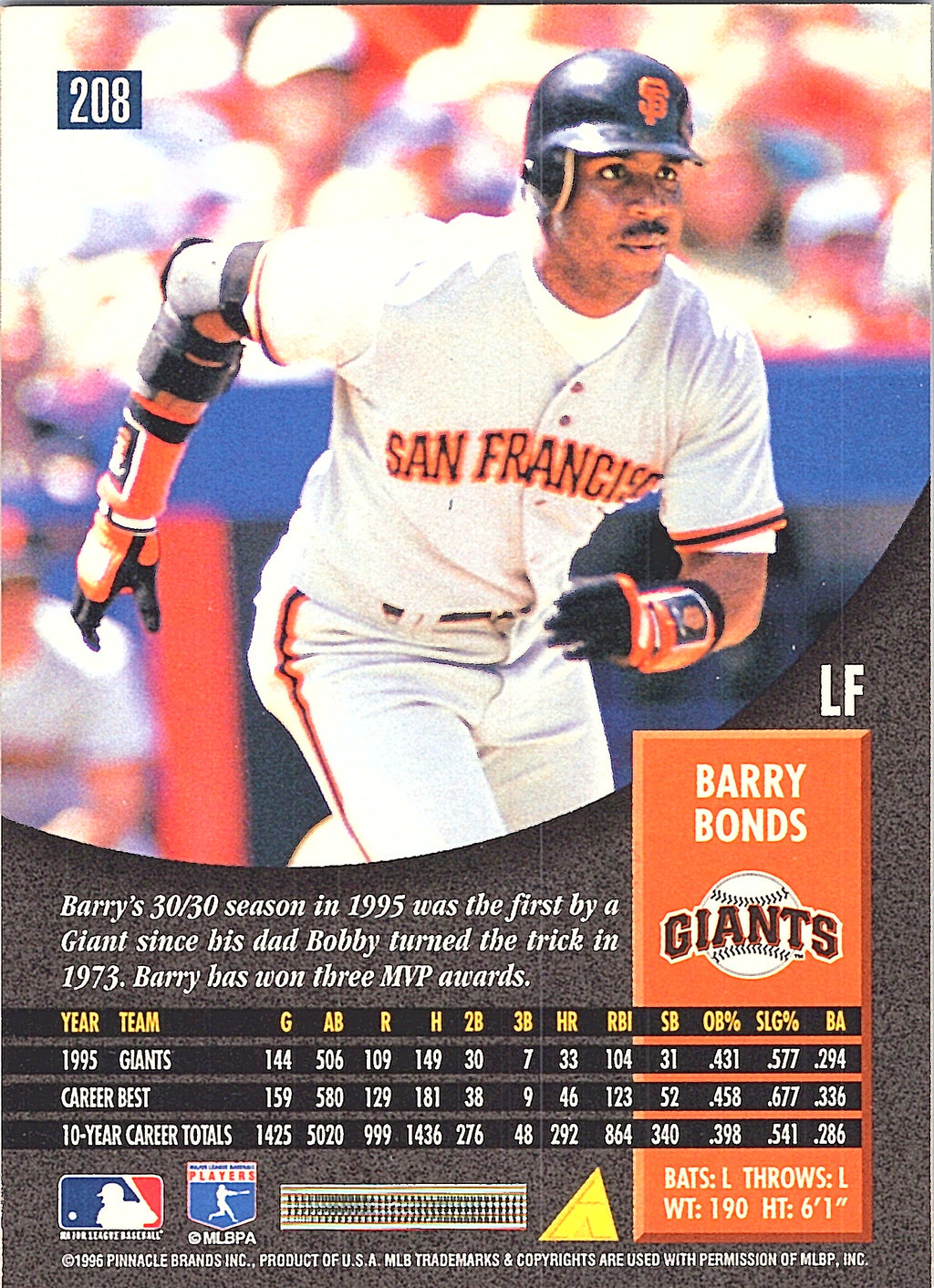 1996 Pinnacle Barry Bonds #208 San Francisco Giants Excellent