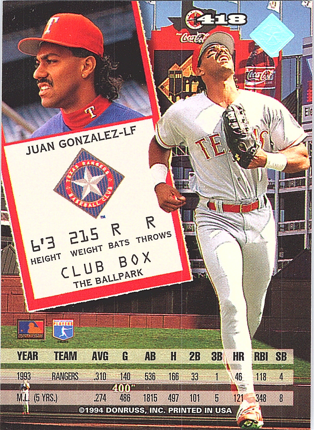 1994 Leaf Juan Gonzalez #418 Texas Rangers Excellent