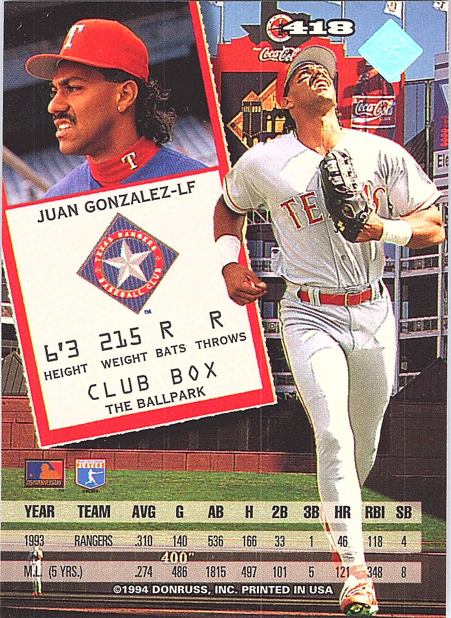 1994 Leaf Juan Gonzalez #418 Texas Rangers Excellent