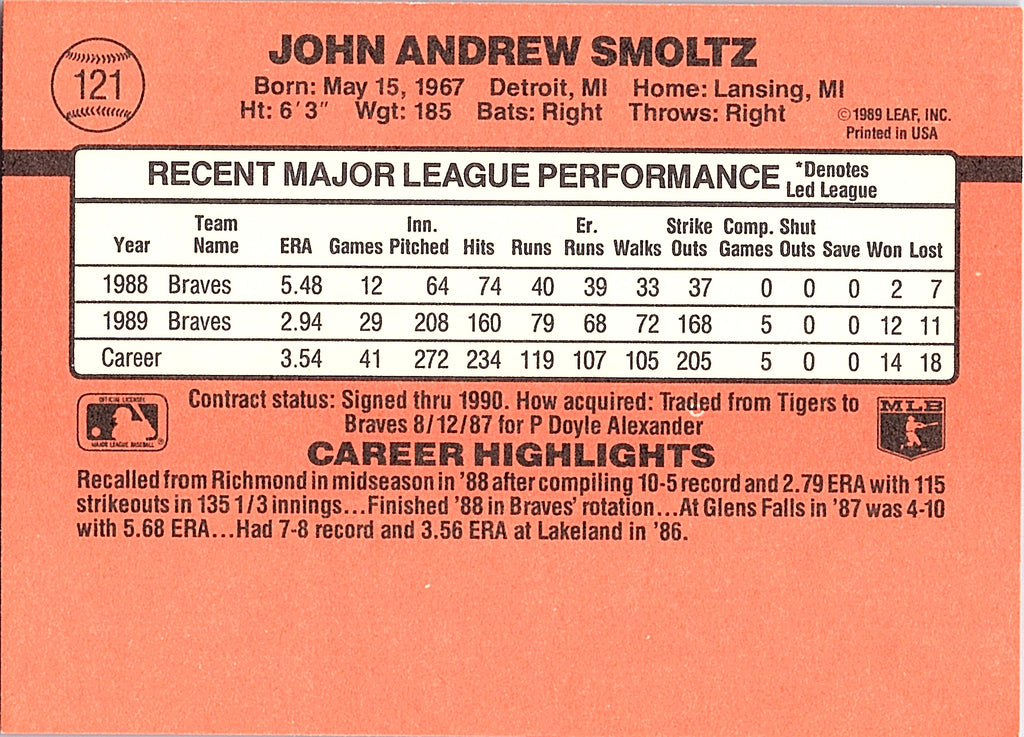 1990 Donruss John Smoltz #121 Atlanta Braves Excellent