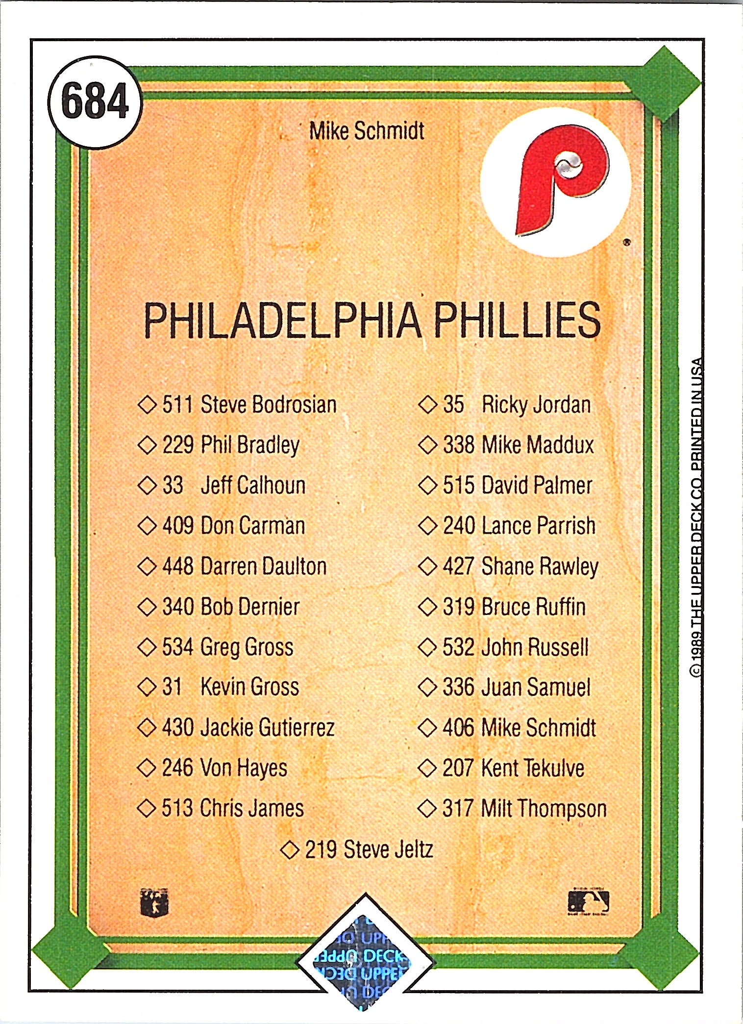 1989 Upper Deck Mike Schmidt #684 Philadelphia Phillies Excellent