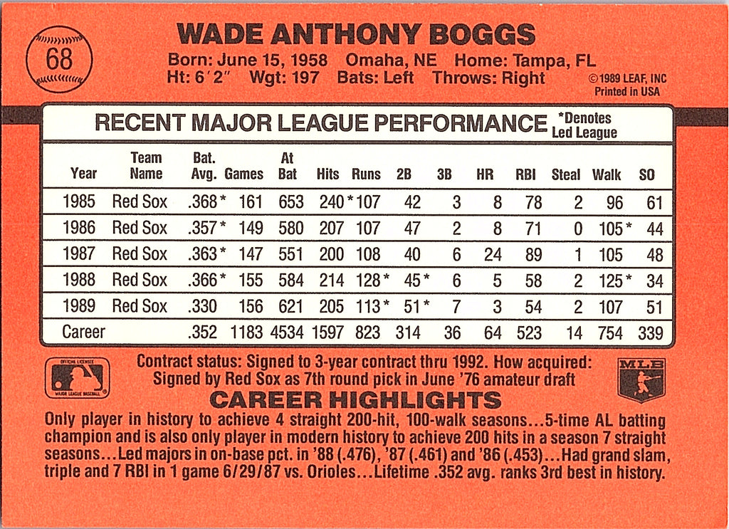 1990 Donruss Wade Boggs #68 Boston Red Sox Excellent