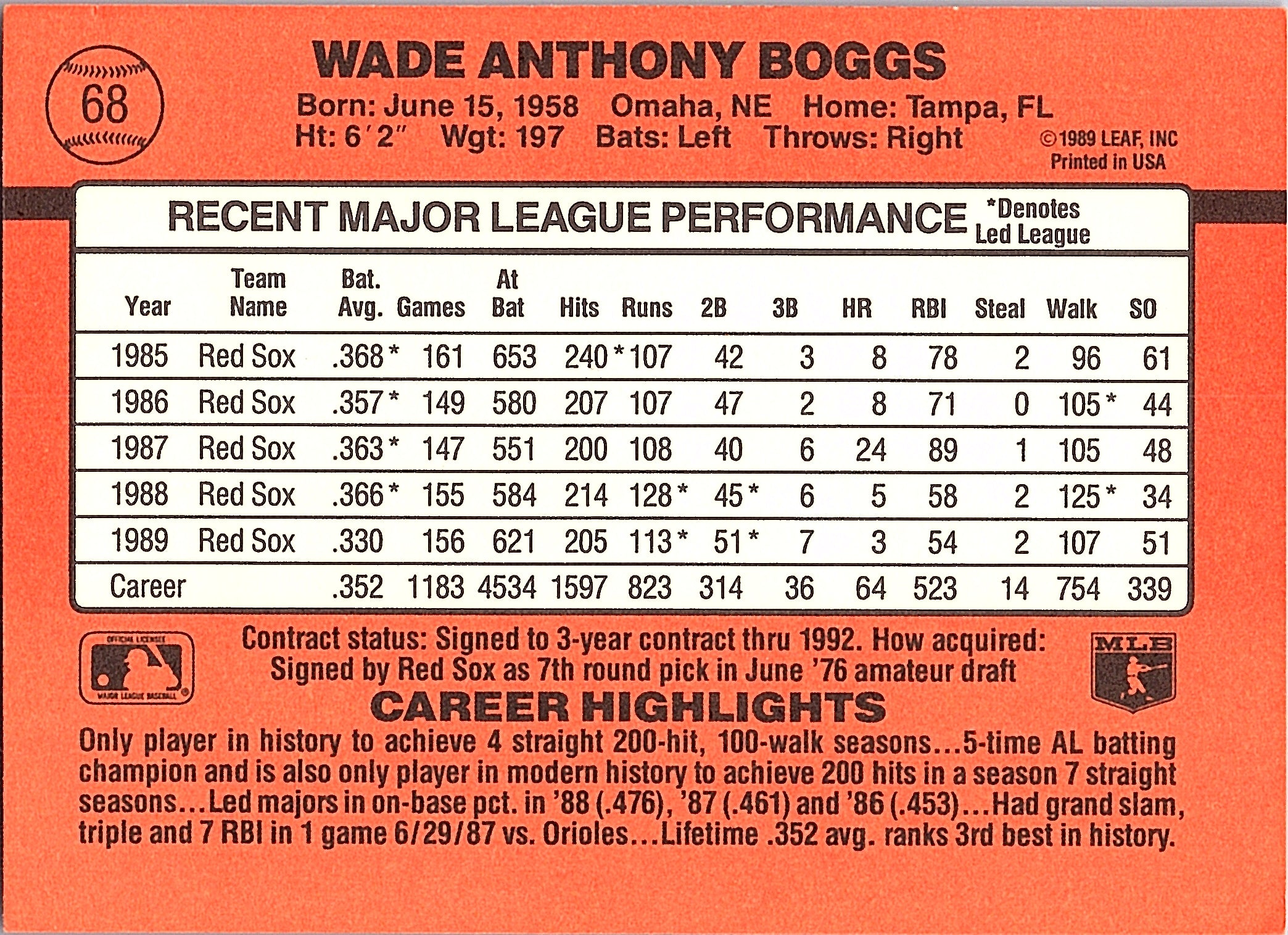 1990 Donruss Wade Boggs #68 Boston Red Sox Excellent