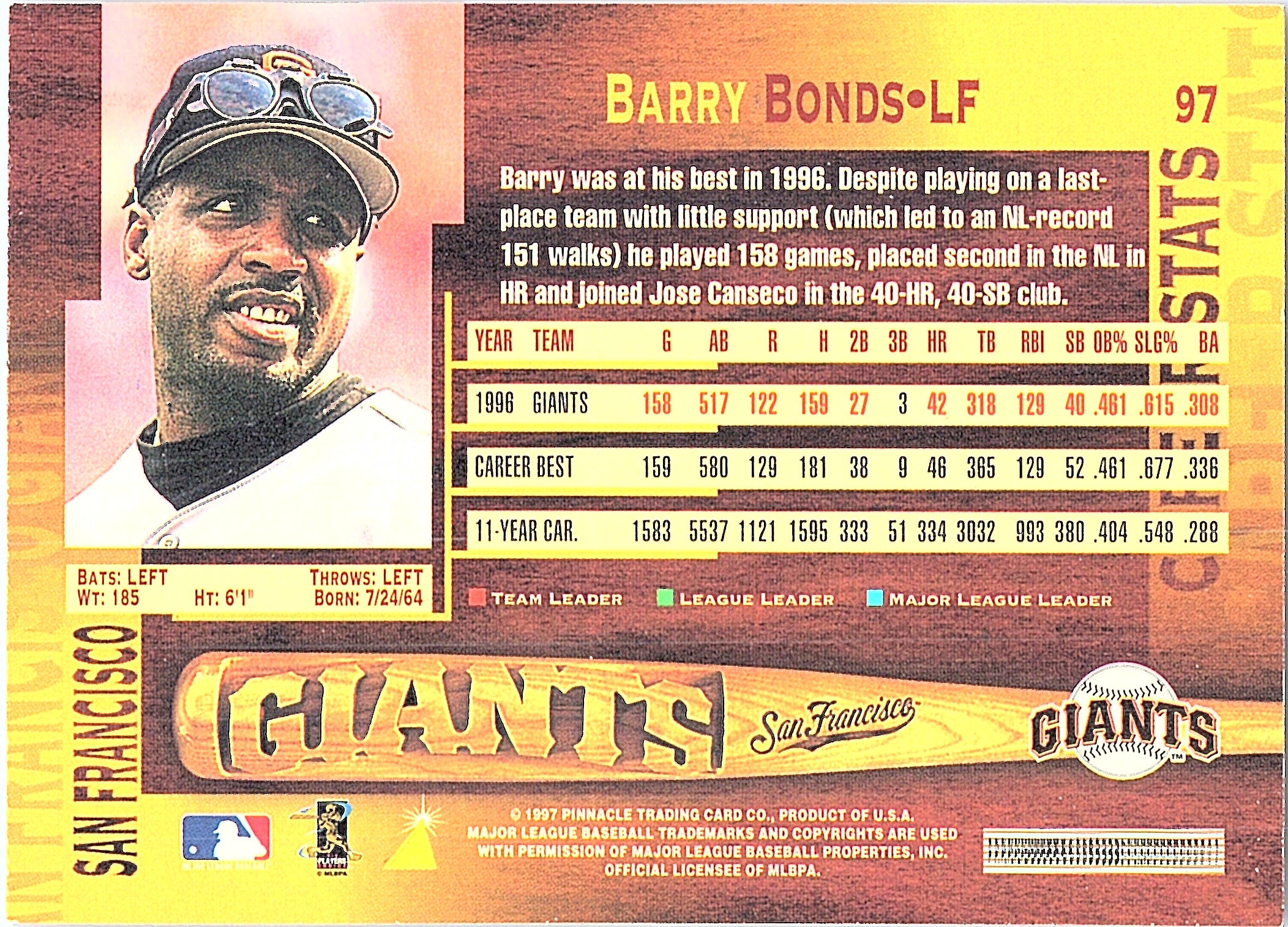 1997 Pinnacle Barry Bonds #97 San Francisco Giants Excellent