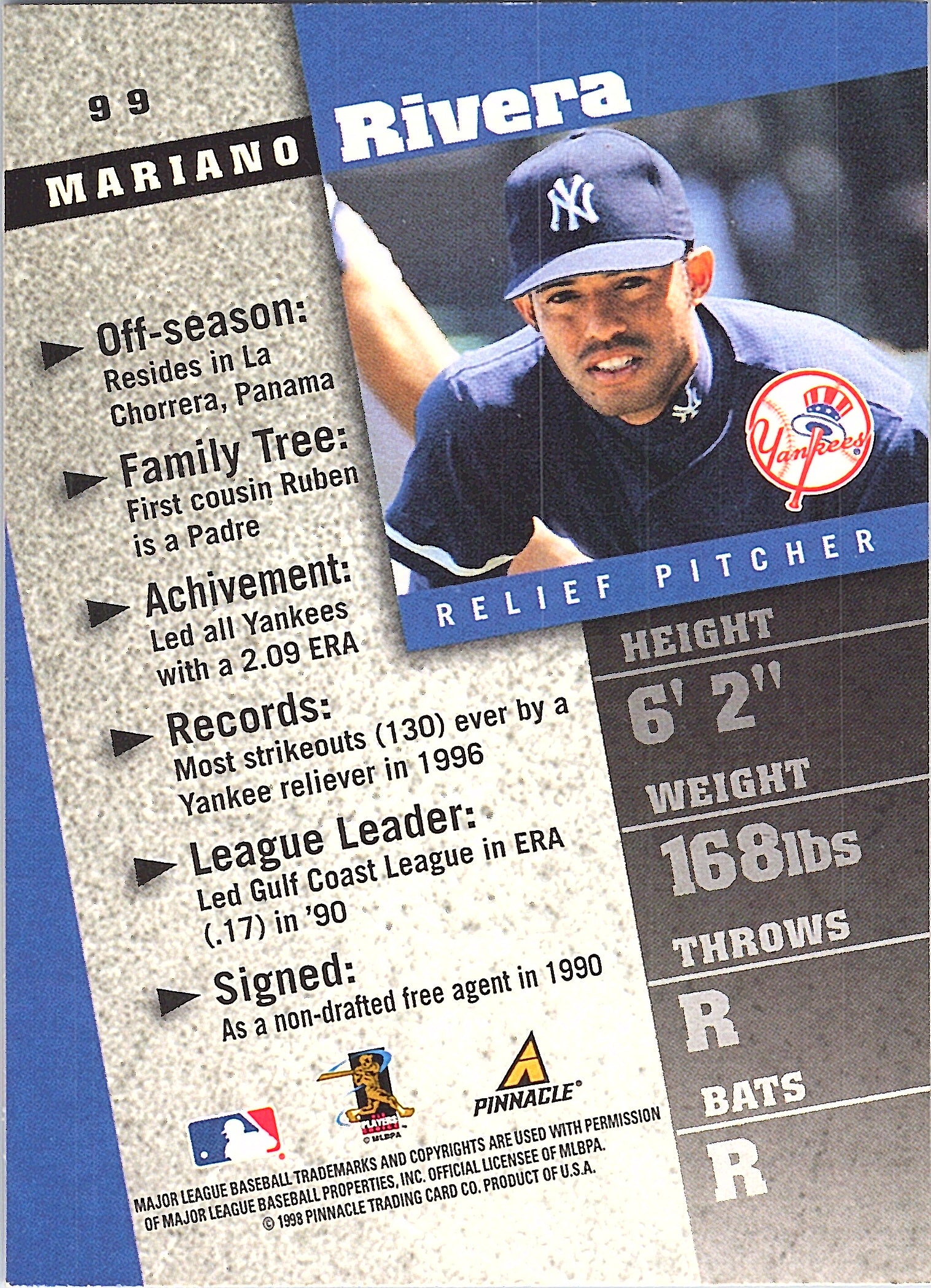 1998 Pinnacle Inside Mariano Rivera #99 New York Yankees Excellent