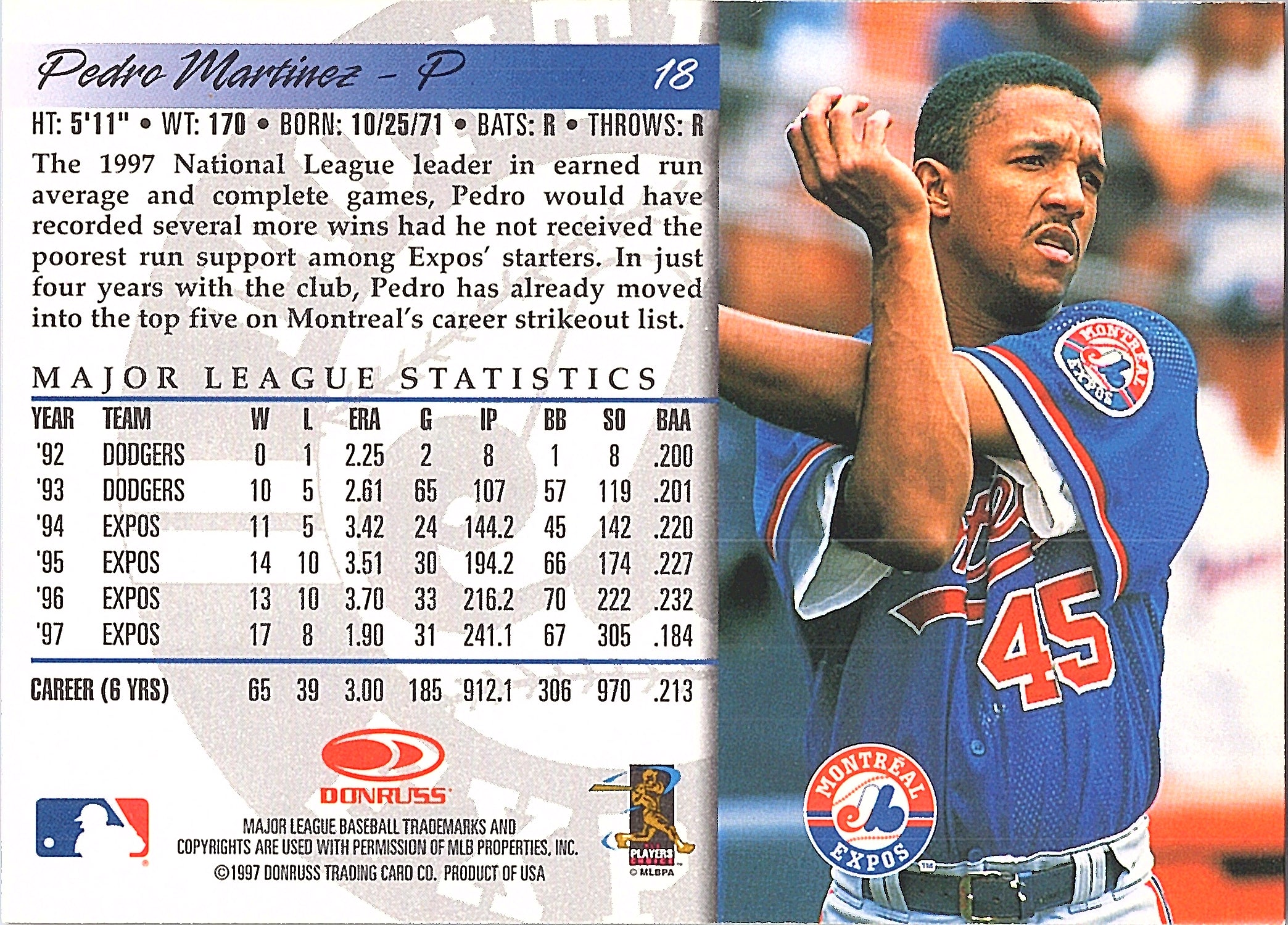 1998 Donruss Pedro Martinez #18 Montreal Expos Excellent