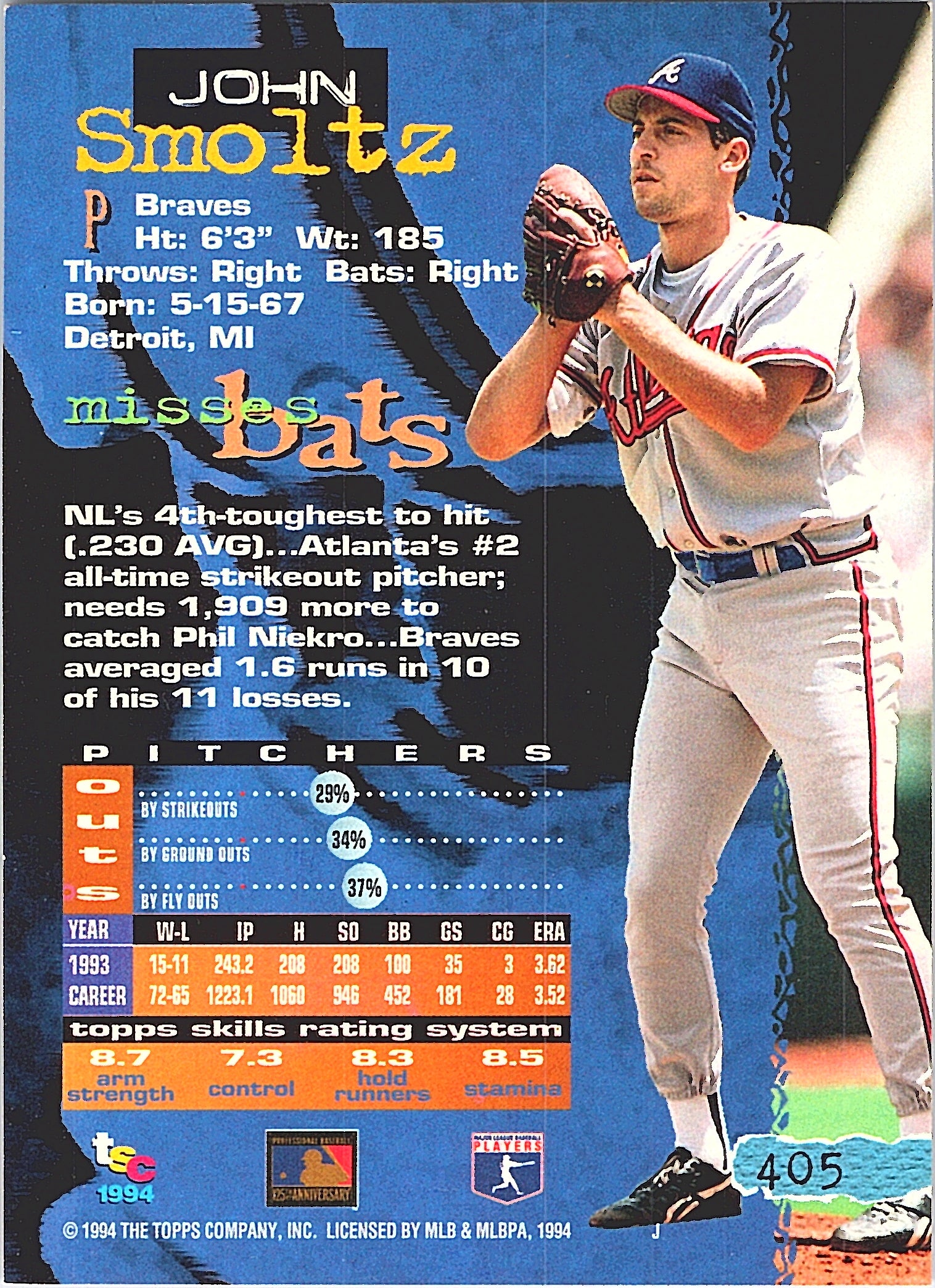 1994 Stadium Club John Smoltz #405 First Day Issue Atlanta Braves Excellent