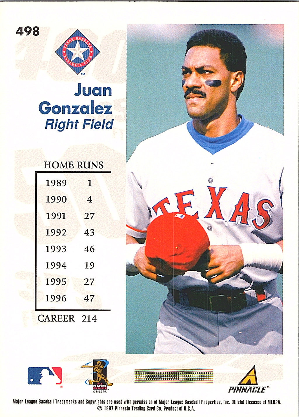 1997 Score Juan Gonzalez #498 Texas Rangers Excellent