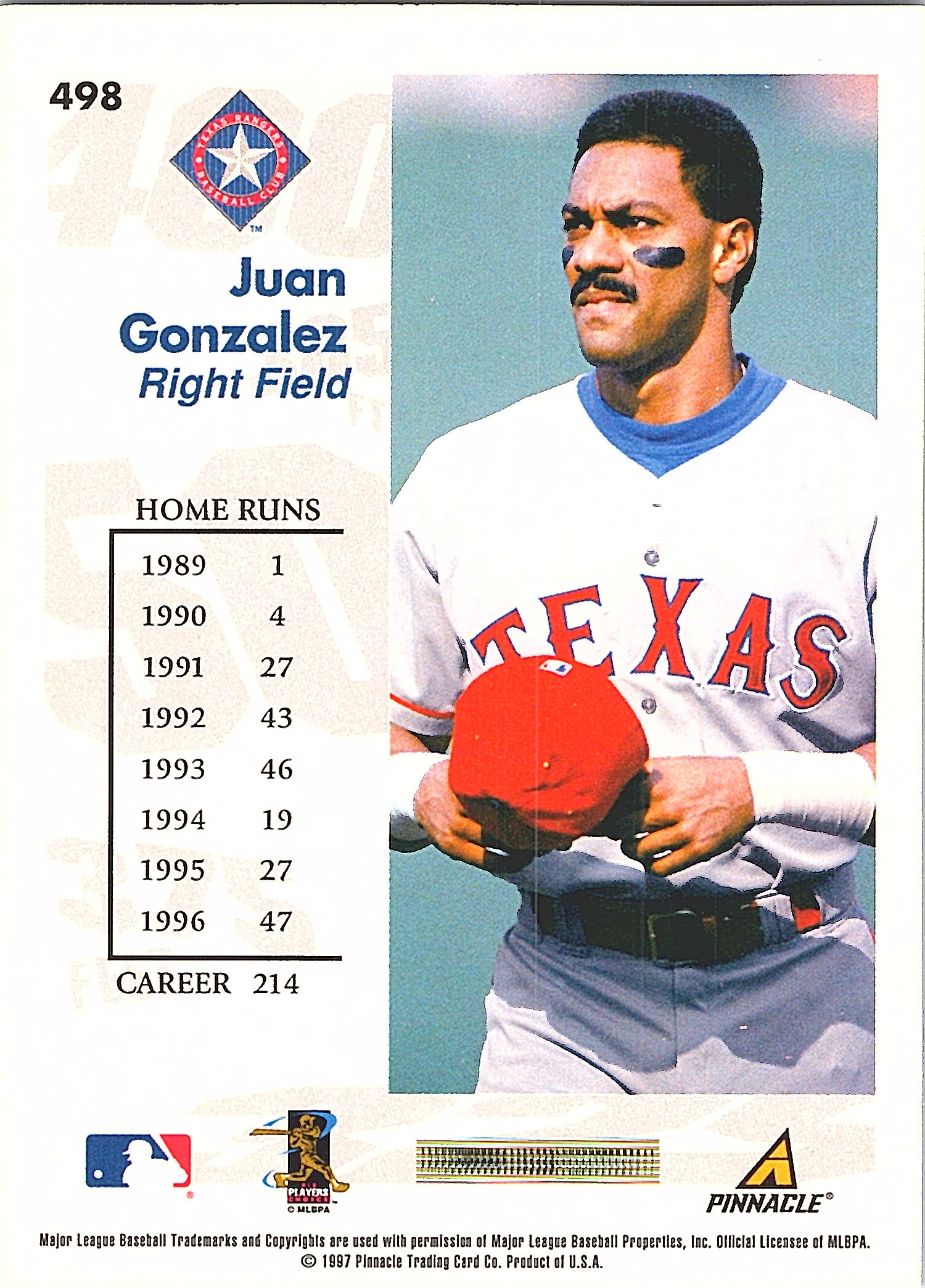 1997 Score Juan Gonzalez #498 Texas Rangers Excellent