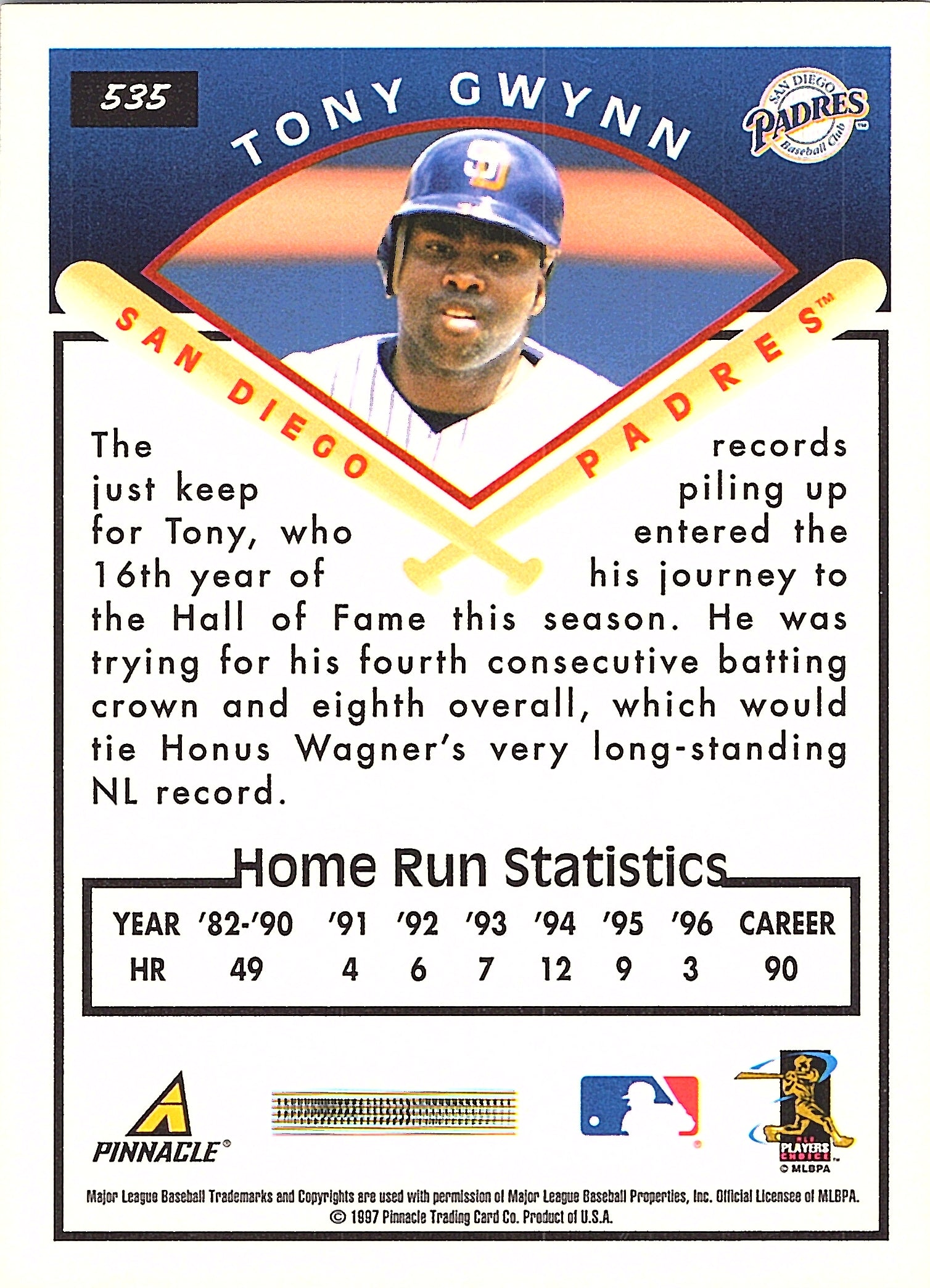 1997 Score Tony Gwynn #535 San Diego Padres Excellent