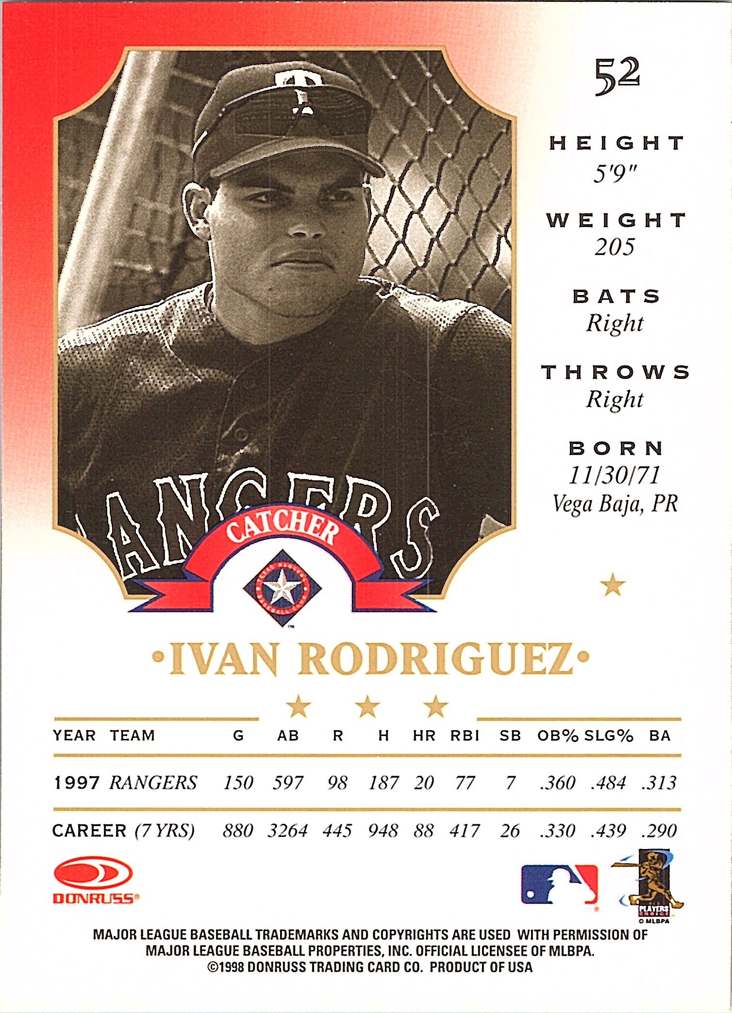 1998 Leaf Ivan Rodriguez #52 Texas Rangers Excellent