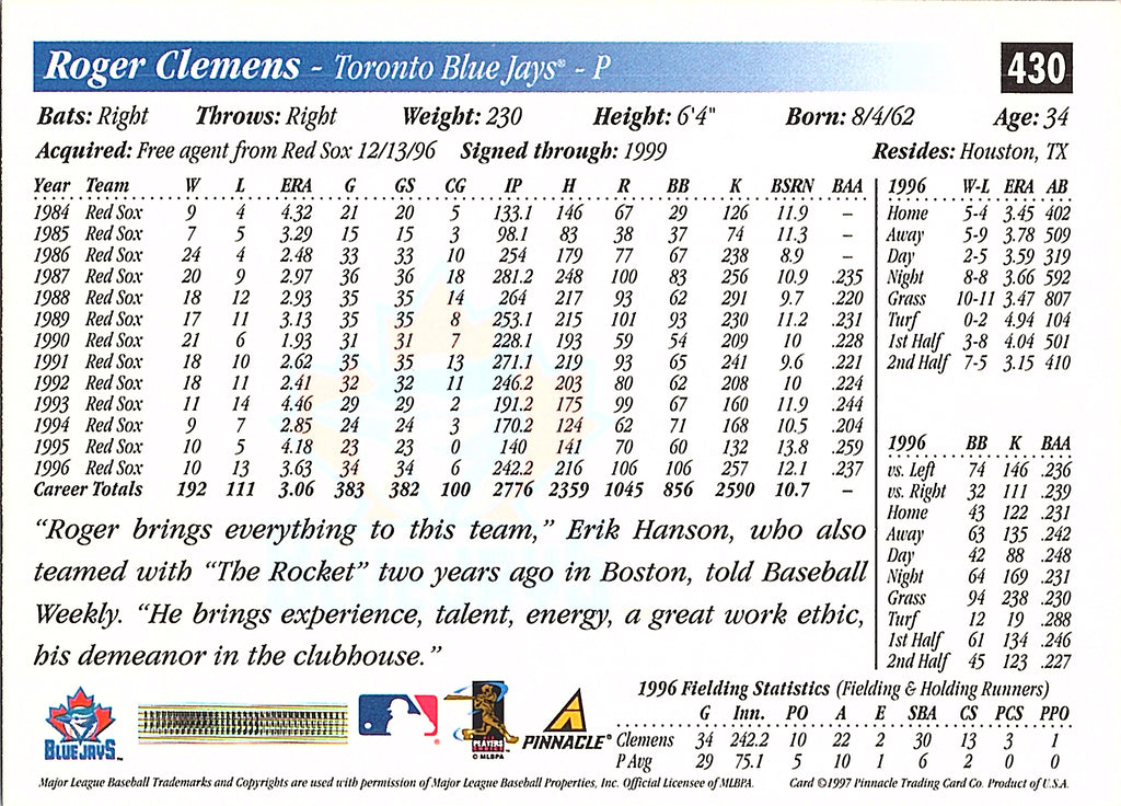1997 Score Roger Clemens #430 Toronto Blue Jays Excellent