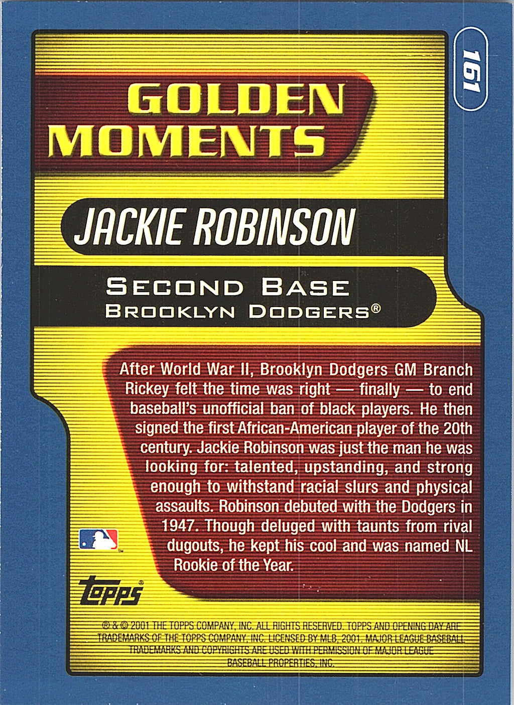 2001 Topps Jackie Robinson #783 Home Team Advantage Brooklyn Dodgers Excellent