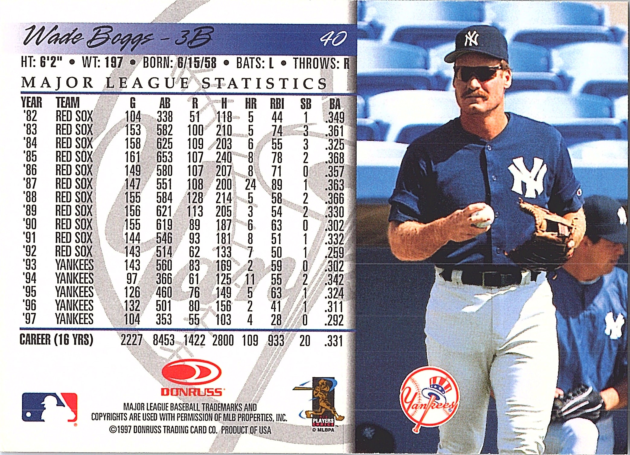 1998 Donruss Wade Boggs #40 New York Yankees Excellent
