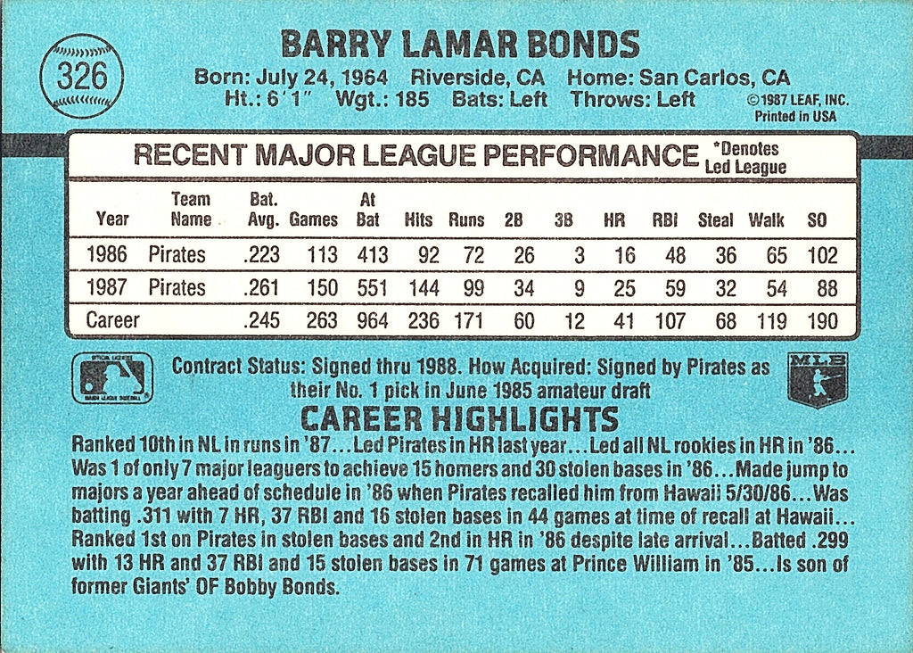 1988 Donruss Barry Bonds #326 Pittsburgh Pirates Excellent