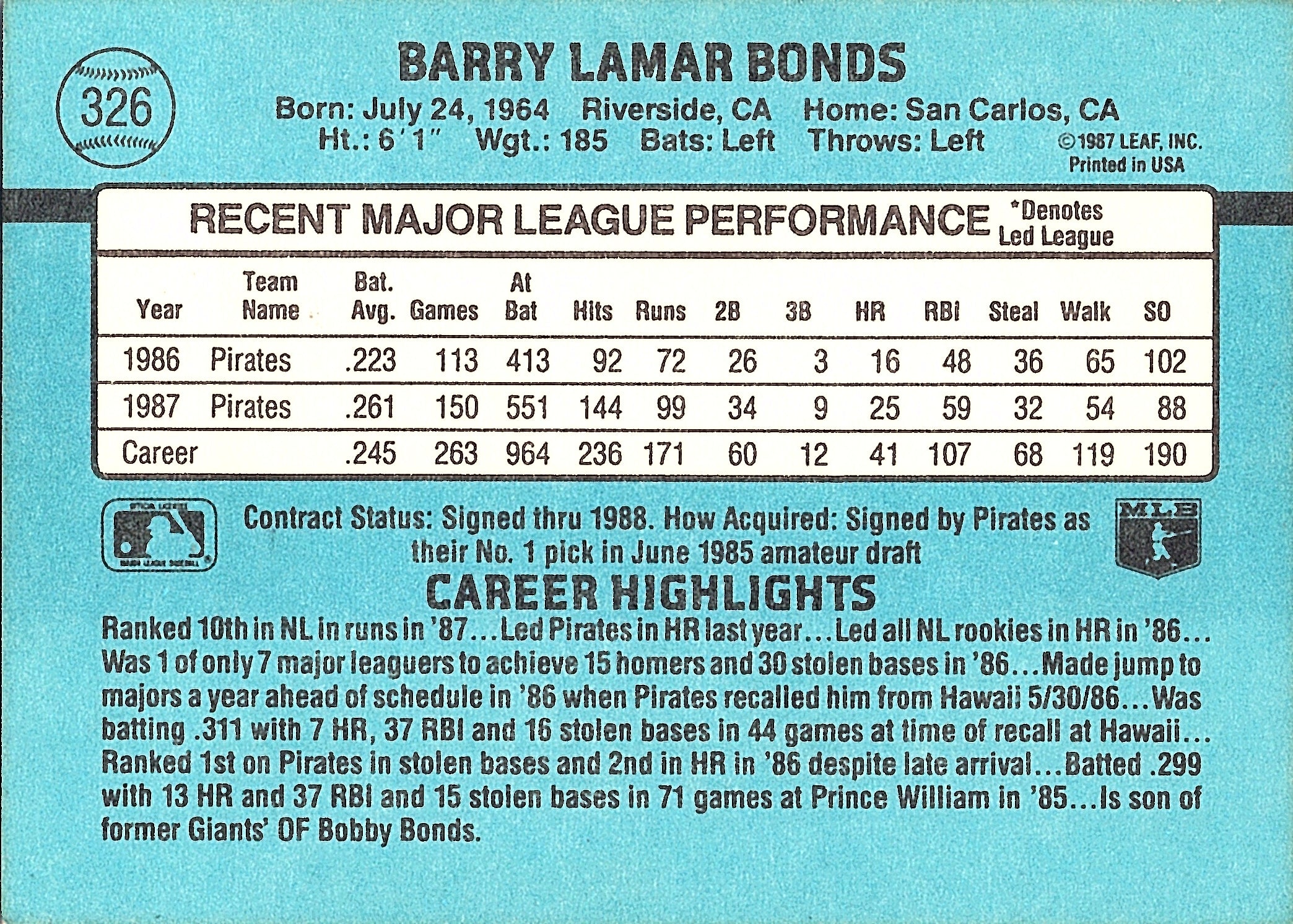 1988 Donruss Barry Bonds #326 Pittsburgh Pirates Excellent