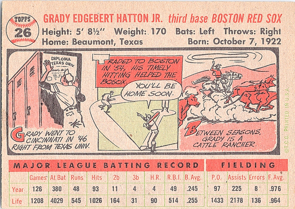 1956 Topps Grady Hatton #26b Boston Red Sox Excellent