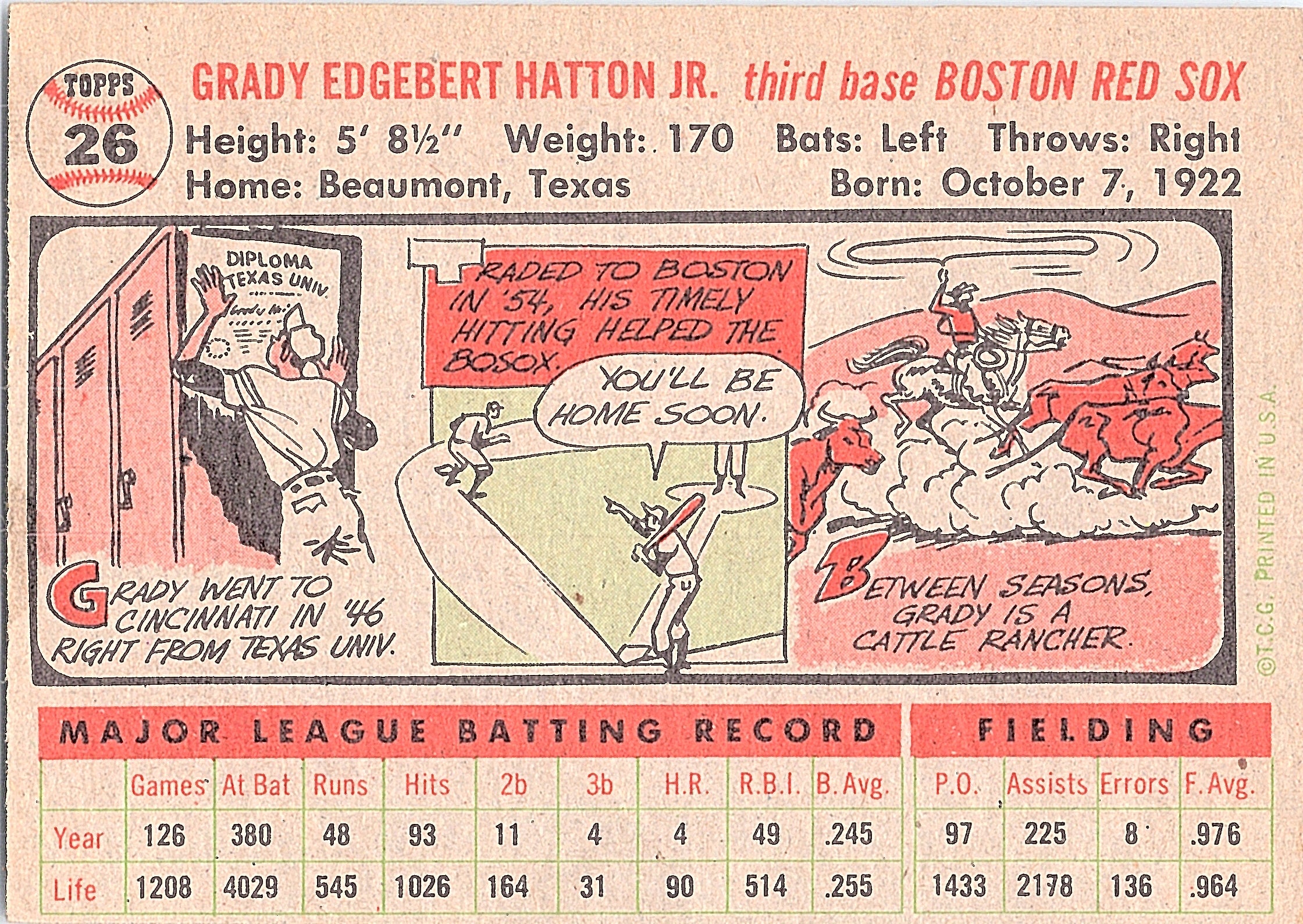 1956 Topps Grady Hatton #26b Boston Red Sox Excellent
