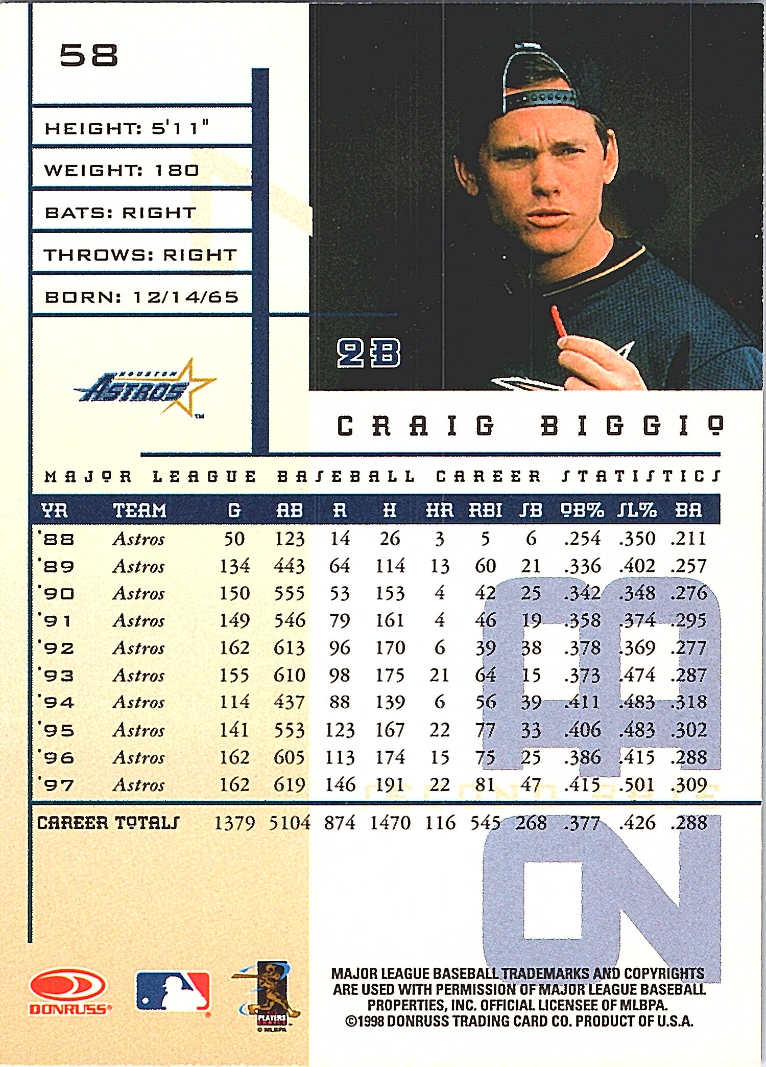 1998 Leaf Rookies & Stars Craig Biggio #58 Houston Astros Excellent