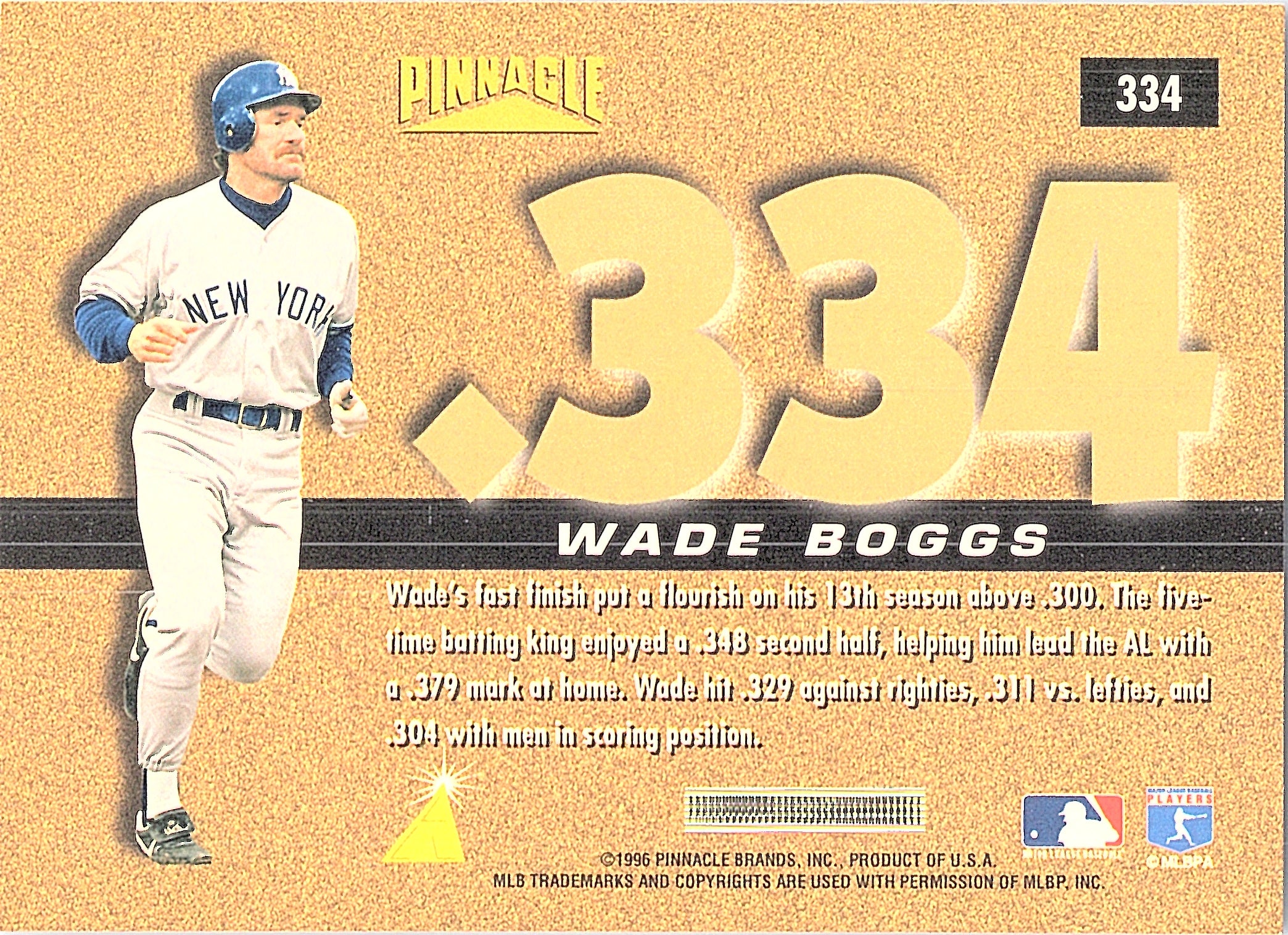 1996 Pinnacle Wade Boggs #334 New York Yankees Excellent