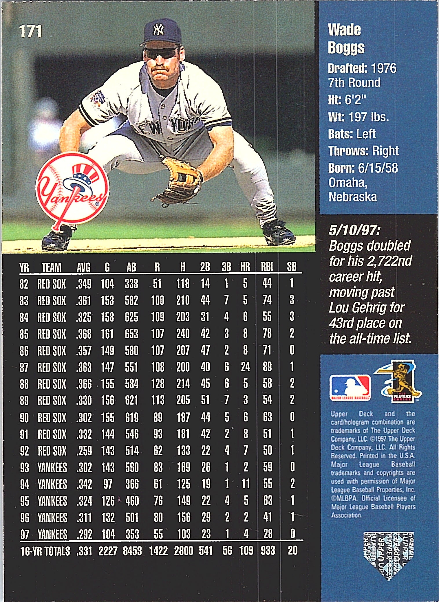 1998 Upper Deck Wade Boggs #171 New York Yankees Excellent