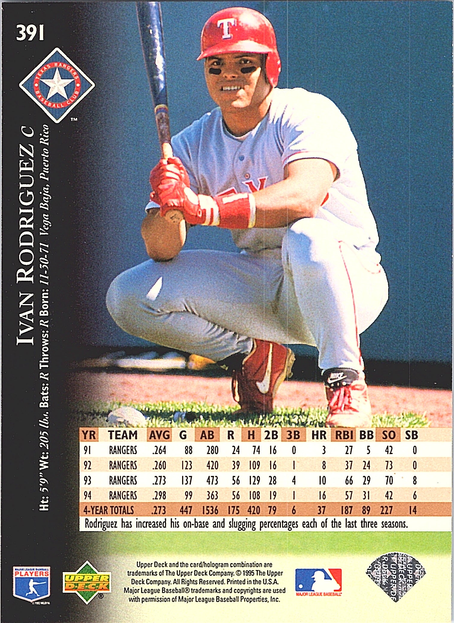 1995 Upper Deck Ivan Rodriguez #391 Texas Rangers Excellent