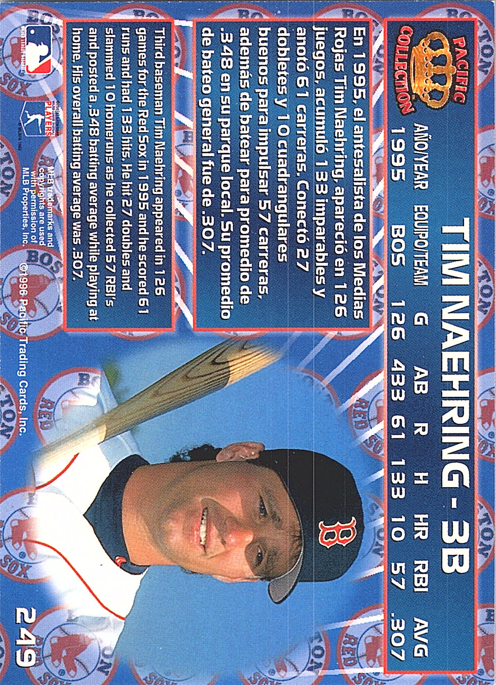 1996 Pacific Crown Collection Tim Naehring #249 Boston Red Sox Excellent