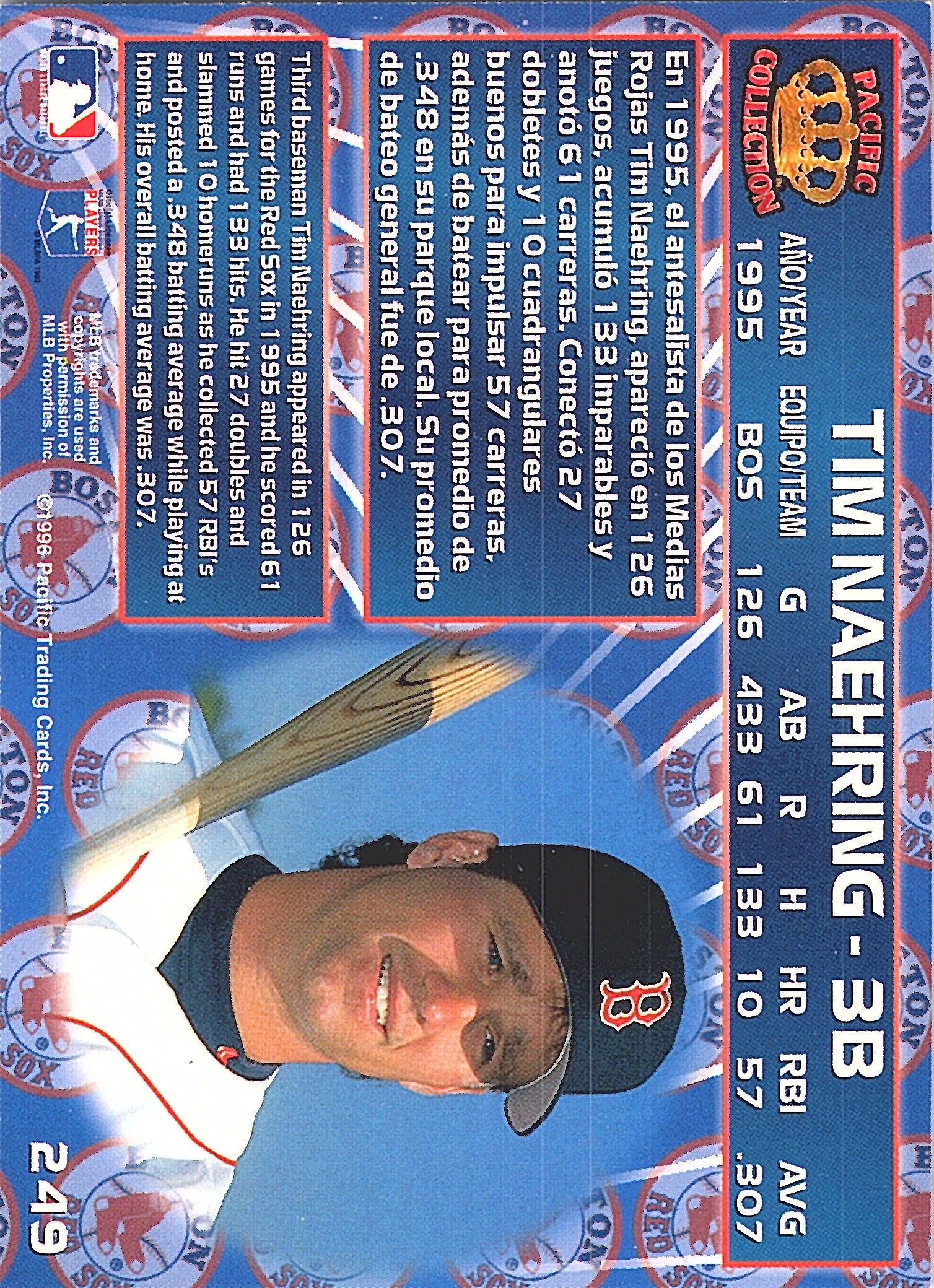 1996 Pacific Crown Collection Tim Naehring #249 Boston Red Sox Excellent
