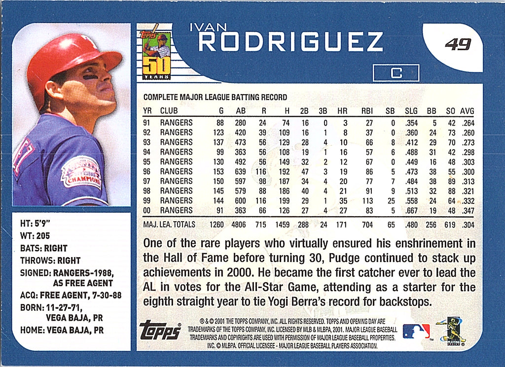 2001 Topps Opening Day Ivan Rodriguez #49 Texas Rangers Excellent