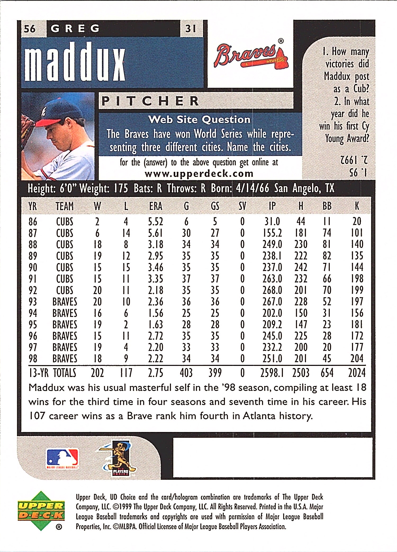 1999 UD Choice Preview Greg Maddux #56 Atlanta Braves Excellent