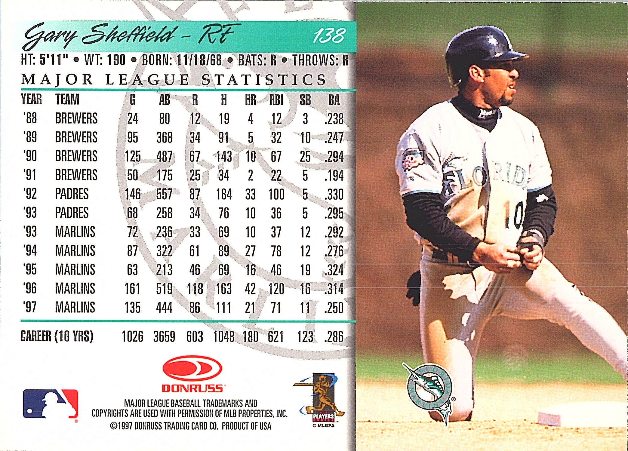 1998 Donruss Gary Sheffield #138 Florida Marlins Excellent