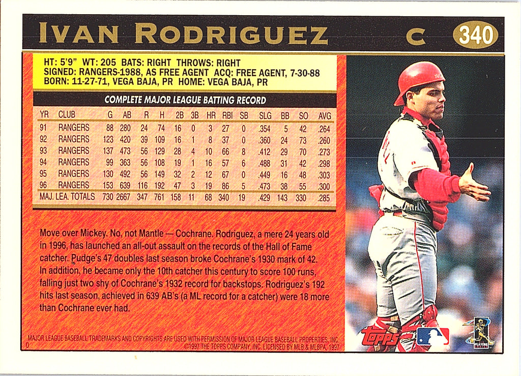 1997 Topps Ivan Rodriguez #340 Texas Rangers Excellent