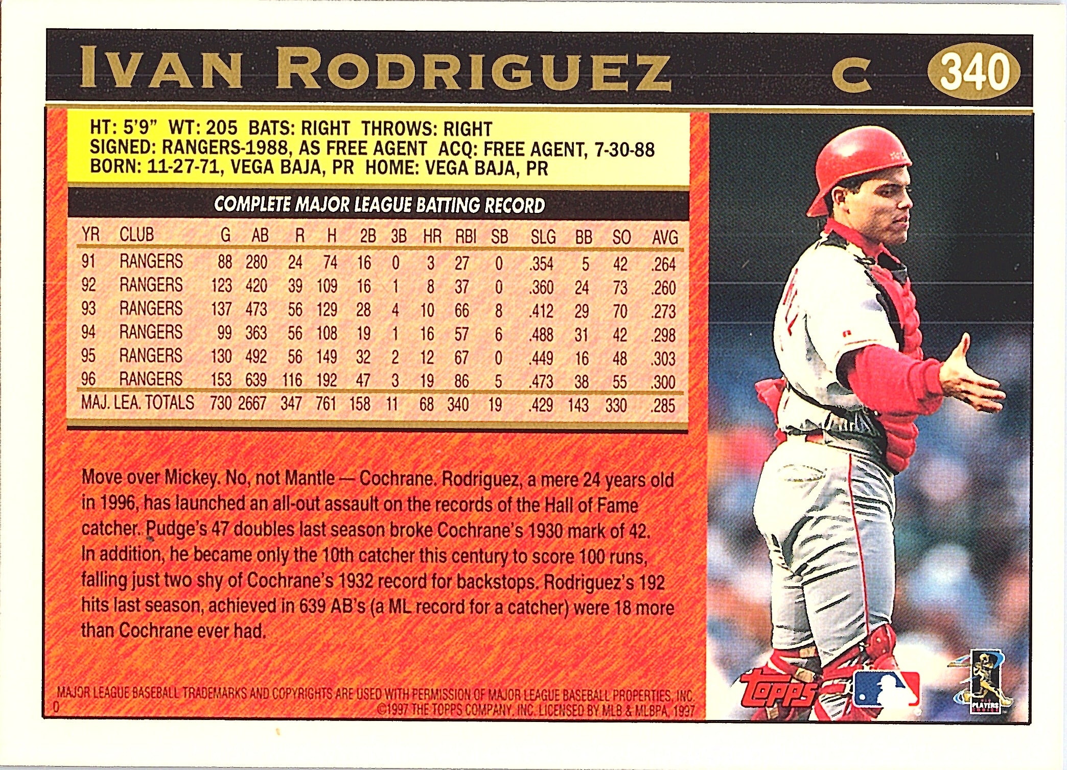 1997 Topps Ivan Rodriguez #340 Texas Rangers Excellent