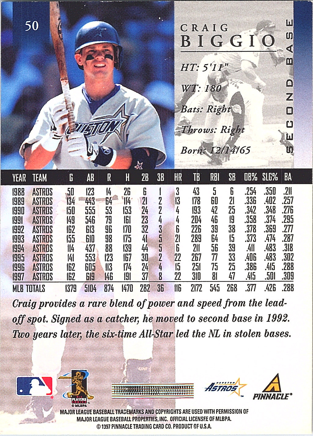 1998 Pinnacle Craig Biggio #50 Home Stats Houston Astros Excellent