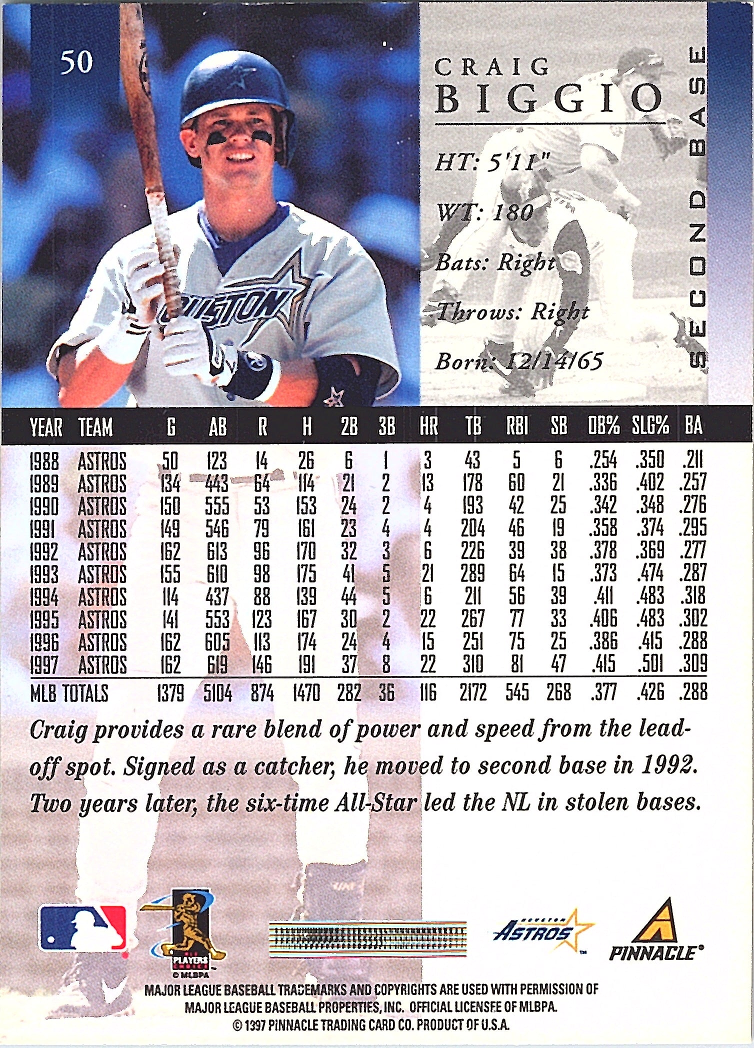 1998 Pinnacle Craig Biggio #50 Home Stats Houston Astros Excellent