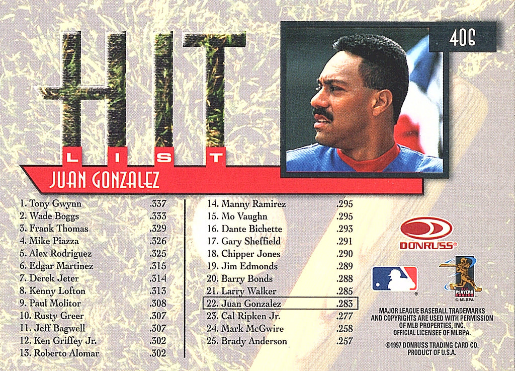 1997 Donruss Juan Gonzalez #406 Texas Rangers Excellent