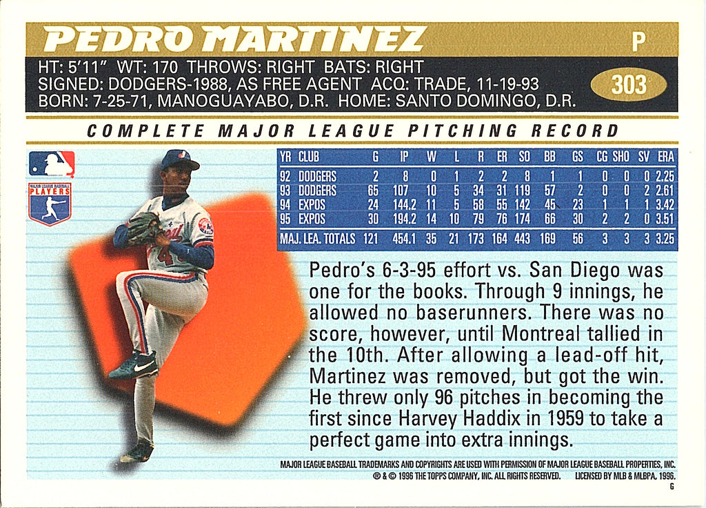1996 Topps Pedro Martinez #303 Montreal Expos Excellent